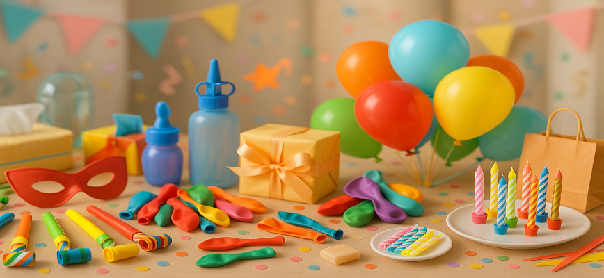Artykuły imprezowe: gwizdki, świeczki, balony, maski i konfetti na tle kolorowej dekoracji.