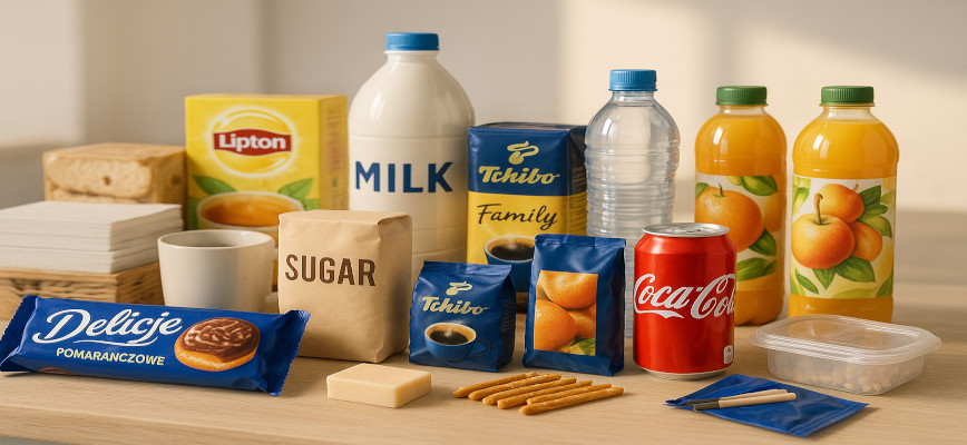 Produkty spożywcze w biurze – Delicje z etykietą Pomarańczowe, mleko, Coca-Cola, woda, soki, kawa i herbata.