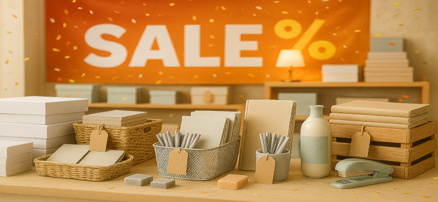Wystrój sklepu z pastelowymi artykułami biurowymi i dużym banerem SALE z symbolem procentu.