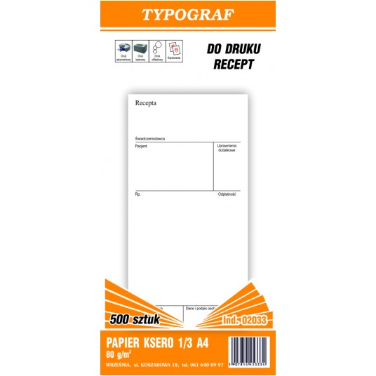 PAPIER KSERO 1/3 A4 210x99mm DO DRUKU RECEPT